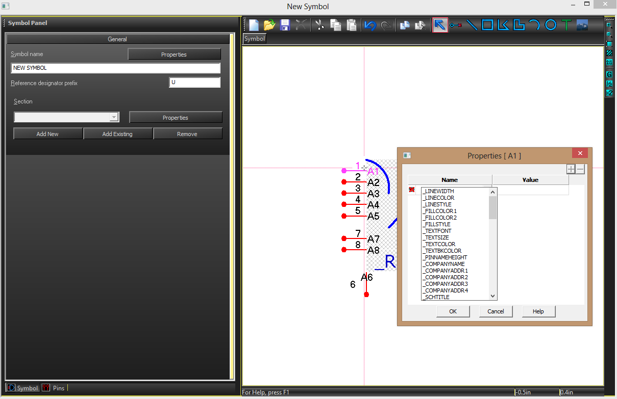 The Properties dialog for a pin in the symbol editor